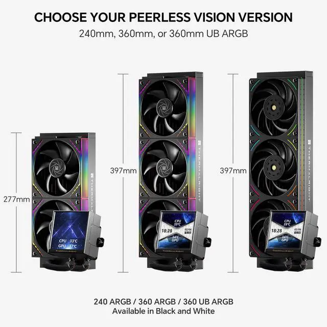 Alt view image 6 of 7 - Thermalright Peerless Vision 360 ARGB Black 360mm AIO CPU Liquid Cooler, 3.95" 480x480 LCD, 2000RPM PWM ARGB Fans, for Intel and AMD