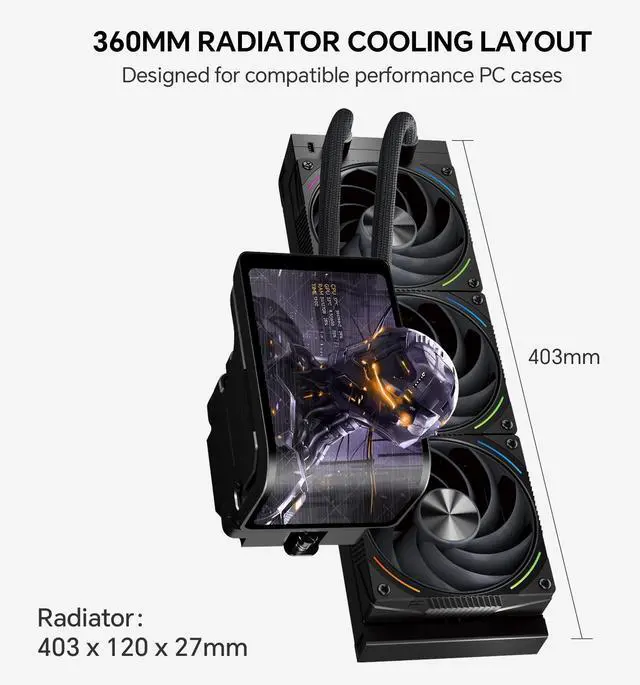 Alt view image 5 of 7 - Thermalright Wonder Vision 360 Turbo ARGB Black 360mm AIO CPU Liquid Cooler, 6.67" 2400x1080 LCD, 3000RPM Turbo PWM ARGB Fans, for Intel and AMD