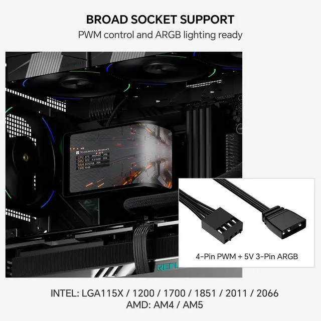 Alt view image 6 of 7 - Thermalright Wonder Vision 360 Turbo ARGB Black 360mm AIO CPU Liquid Cooler, 6.67" 2400x1080 LCD, 3000RPM Turbo PWM ARGB Fans, for Intel and AMD