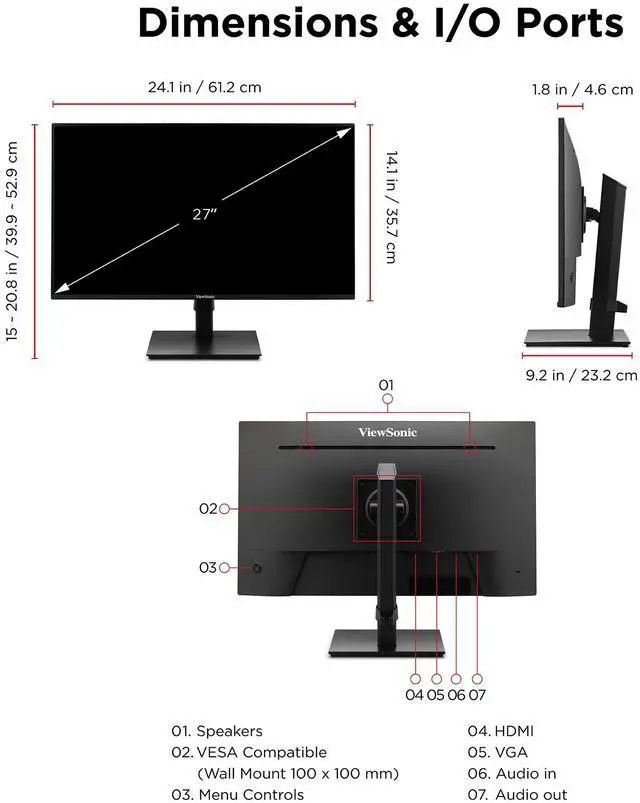 Alt view image 6 of 20 - Viewsonic VA2748-MHJ 27 Inch IPS 1080p Monitor with 120Hz, Advanced Ergonomics, Eye Care, HDMI, and VGA Inputs for Home and Office