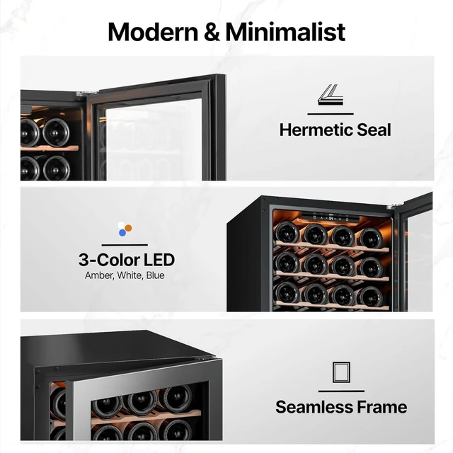 Alt view image 7 of 7 - Ca'Lefort 28 Bottle Wine Cooler Refrigerator, 3.11 cu.ft Wine Fridge with Double-Pane Glass Door, Adjustable Shelves, 3-Color LED Lights, 37-65°F Freestanding/Under Counter for Home Kitchen Bar Office
