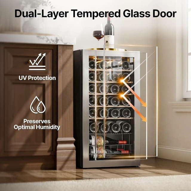 Alt view image 6 of 7 - Ca'Lefort 28 Bottle Wine Cooler Refrigerator, 3.11 cu.ft Wine Fridge with Double-Pane Glass Door, Adjustable Shelves, 3-Color LED Lights, 37-65°F Freestanding/Under Counter for Home Kitchen Bar Office