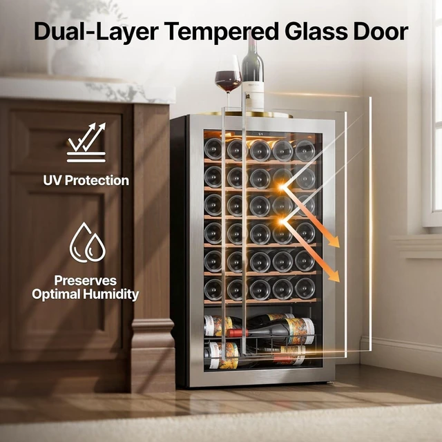Alt view image 6 of 7 - Ca'Lefort 34 Bottle Wine Cooler Refrigerator, 3.35 Cu.ft Mini Wine Cellar Wine Fridge with Glass Door, 3-Color LED, 37-65°F Digital Temperature Control, Freestanding/Under Counter for Home Bar Office