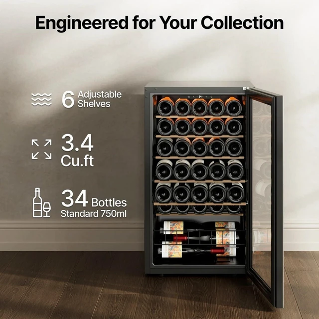Alt view image 3 of 7 - Ca'Lefort 34 Bottle Wine Cooler Refrigerator, 3.35 Cu.ft Mini Wine Cellar Wine Fridge with Glass Door, 3-Color LED, 37-65°F Digital Temperature Control, Freestanding/Under Counter for Home Bar Office