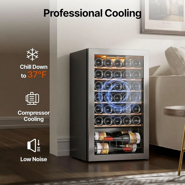 Alt view image 5 of 7 - Ca'Lefort 34 Bottle Wine Cooler Refrigerator, 3.35 Cu.ft Mini Wine Cellar Wine Fridge with Glass Door, 3-Color LED, 37-65°F Digital Temperature Control, Freestanding/Under Counter for Home Bar Office
