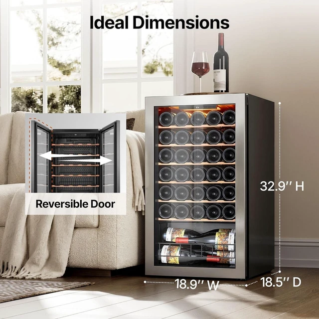 Alt view image 2 of 7 - Ca'Lefort 34 Bottle Wine Cooler Refrigerator, 3.35 Cu.ft Mini Wine Cellar Wine Fridge with Glass Door, 3-Color LED, 37-65°F Digital Temperature Control, Freestanding/Under Counter for Home Bar Office