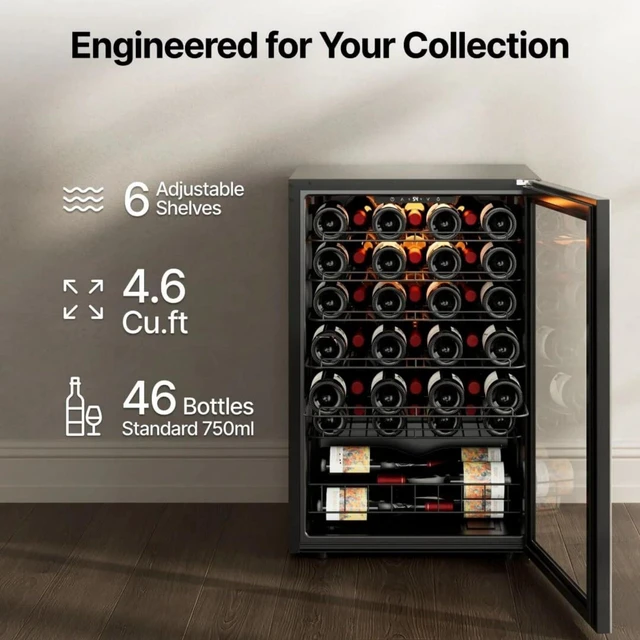 Alt view image 3 of 7 - Ca'Lefort 46 Bottle Wine Refrigerator Cooler, 4.59 Cu.ft Mini Wine Cellar Wine Fridge with Dual-Pane Glass Door, Adjustable Shelves, 3-Color LED, 37-65°F Freestanding/Under Counter for Home Bar Office