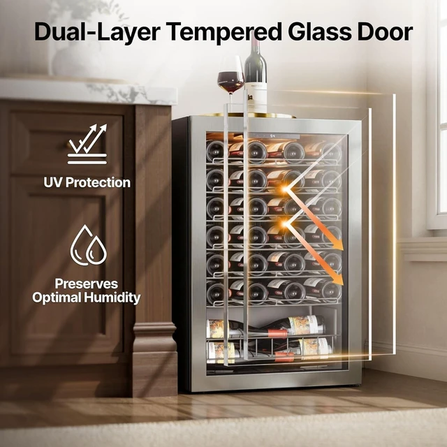 Alt view image 6 of 7 - Ca'Lefort 46 Bottle Wine Refrigerator Cooler, 4.59 Cu.ft Mini Wine Cellar Wine Fridge with Dual-Pane Glass Door, Adjustable Shelves, 3-Color LED, 37-65°F Freestanding/Under Counter for Home Bar Office