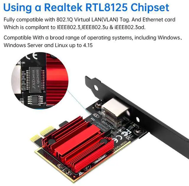 Alt view image 6 of 7 - DERAPID RTL8125 2.5Gbps PCI Express Network Card PCIe x1 to RJ45 Ethernet Adapter, 2.5G Base-T Gigabit LAN, Gaming NIC for Desktop PC NAS