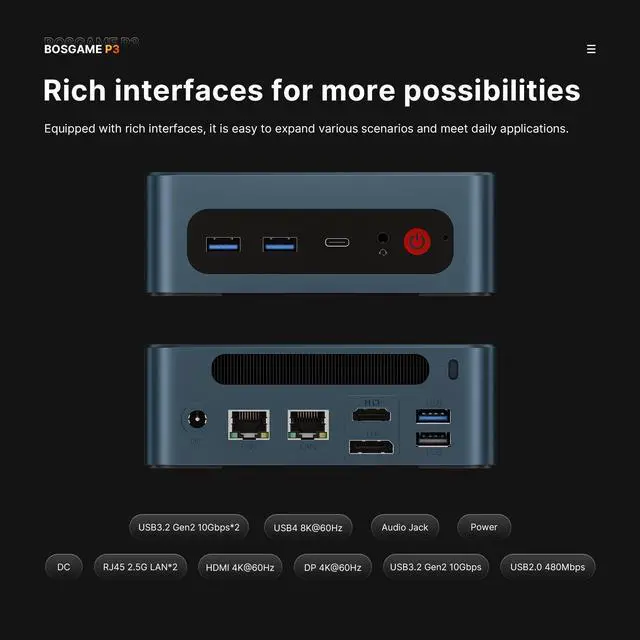 Alt view image 3 of 7 - BOSGAME P3 Lite Mini PC, AMD Ryzen 7 6800H, 32GB DDR5, 1TB SSD, Dual 2.5G LAN, USB4 8K@60Hz Triple Display, Windows 11 Pro for NAS & Homelab