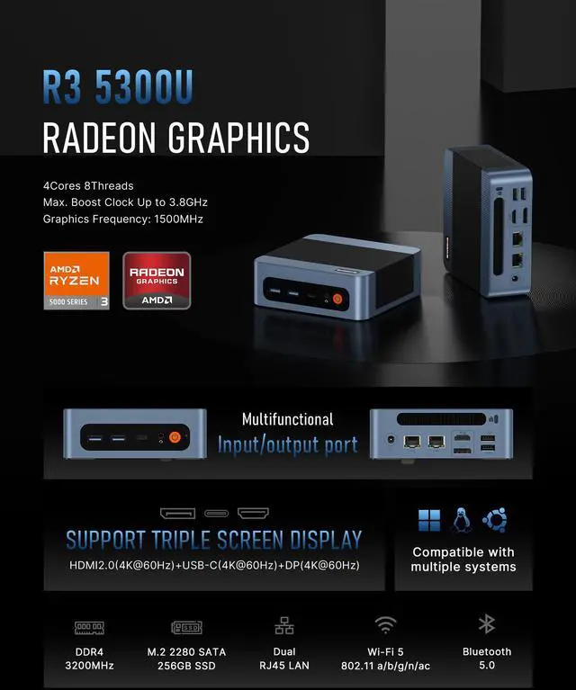 Alt view image 3 of 7 - BOSGAME E5 Home and Office Desktop Computer, AMD Ryzen 3 5300U Processor (4C/8T, Up to 3.8GHz), 8GB DDR4 2666MHz 256GB SATA SSD, Dual 2.5G LAN, Triple 4K Display, Wi-Fi 5 & BT 5.0,mini PC