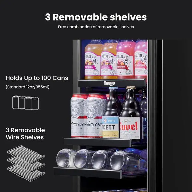 Alt view image 3 of 7 - Yeego 15 Inch Beverage Refrigerator Cooler, 100 Can Drinks Soda Beer Wine Fridge with Glass Door, Adjustable Shelves & Blue LED Lighting, 34-54°F, Built-in/Freestanding for Home Bar Office, 3 Cu.ft