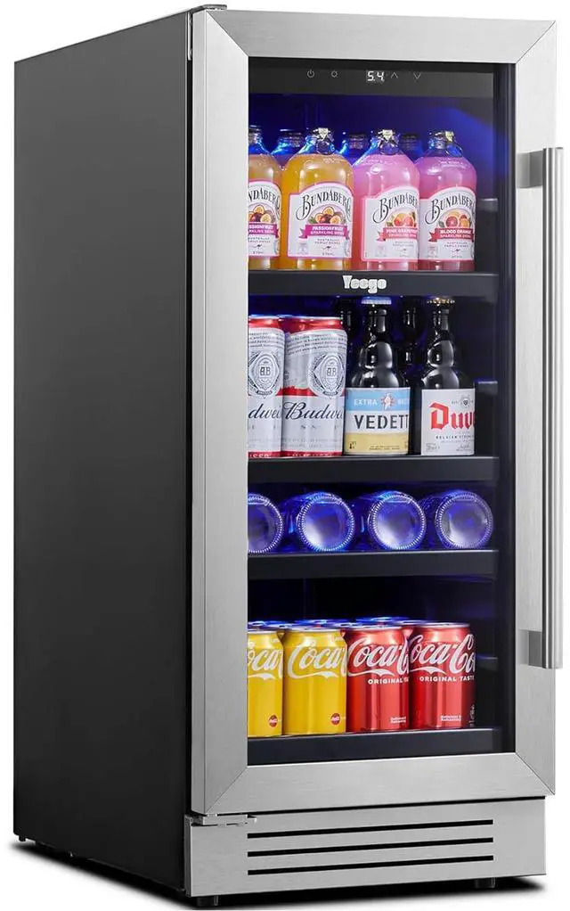 Main image of Yeego 15 Inch Beverage Refrigerator Cooler, 100 Can Drinks Soda Beer Wine Fridge with Glass Door, Adjustable Shelves & Blue LED Lighting, 34-54°F, Built-in/Freestanding for Home Bar Office, 3 Cu.ft
