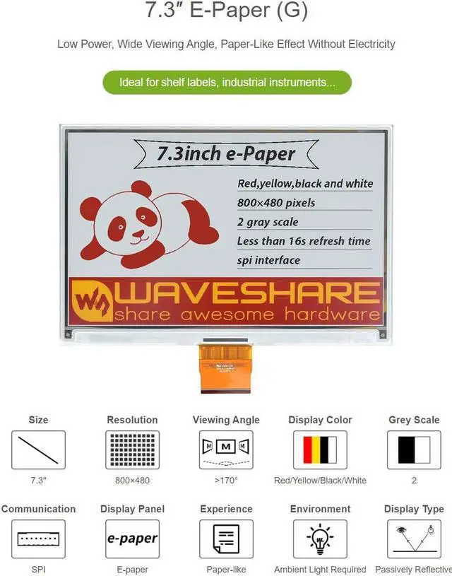 Alt view image 3 of 5 - waveshare 7.3inch e-Paper (G) Raw Display Compatible with Raspberry Pi 4B/3B+/3B/2B/B+/A+/Zero/Zero W/WH/Zero 2W 800 × 480 Resolution SPI Interface Red/Yellow/Black/White Supports Jetson Nano