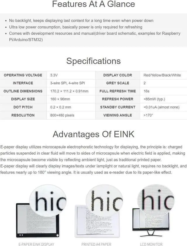 Alt view image 4 of 5 - waveshare 7.3inch e-Paper (G) Raw Display Compatible with Raspberry Pi 4B/3B+/3B/2B/B+/A+/Zero/Zero W/WH/Zero 2W 800 × 480 Resolution SPI Interface Red/Yellow/Black/White Supports Jetson Nano