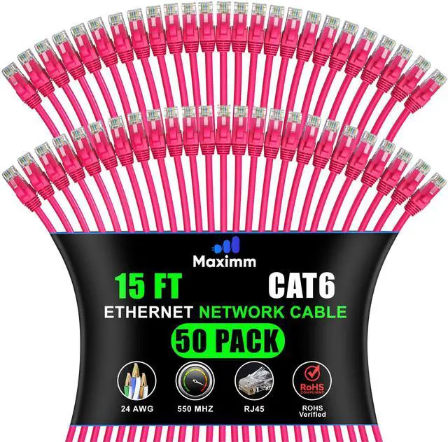 Main image of Maximm Cat 6 Ethernet Cable - 15 ft (50-Pack) - High-Speed LAN, Internet, Patch, and Network Cable - UTP, 10Gbps, 550MHz Ethernet Cord - Pink