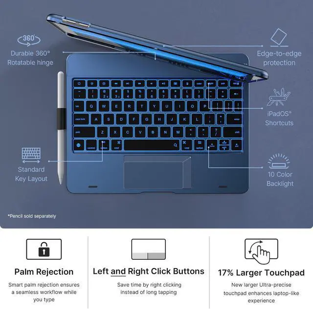 Alt view image 5 of 5 - typecase Touch iPad 9th Generation Case with Keyboard (10.2", 2021), Multi-Touch Trackpad, 10 Color Backlight, 360° Rotatable, Thin & Light for 8th Gen (2020), 7th Gen (2019), Air 3 (Midnight Blue)