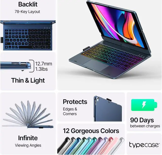 Alt view image 3 of 5 - typecase Touch iPad 9th Generation Case with Keyboard (10.2", 2021), Multi-Touch Trackpad, 10 Color Backlight, 360° Rotatable, Thin & Light for 8th Gen (2020), 7th Gen (2019), Air 3 (Midnight Blue)