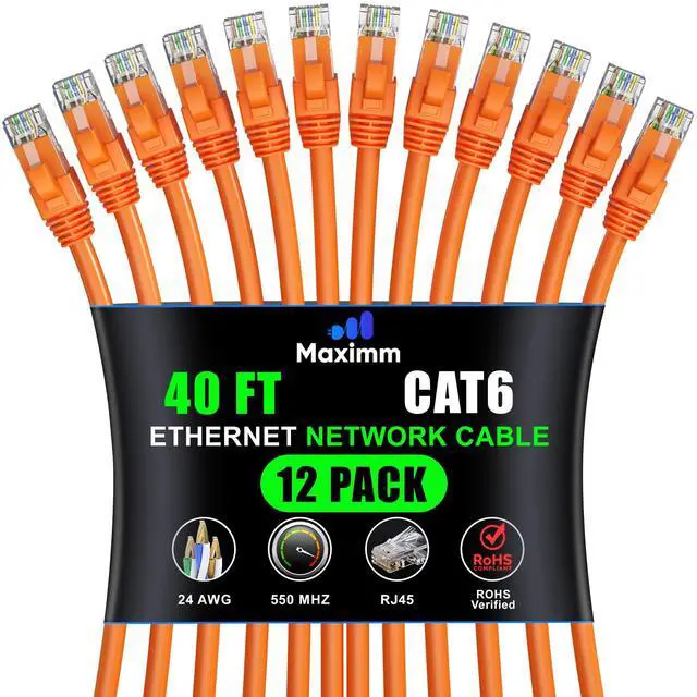 Main image of Maximm Cat 6 Ethernet Cable - 40 ft (12-Pack), High-Speed LAN, Internet, Patch, Network Cable - UTP, 10Gbps, 550MHz, Orange