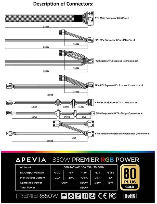 Alt view image 3 of 5 - Apevia ATX-PM850W Premier 850W (No PCIe 5.0 & Gen 5 12VHPWR Connector) 80+ Gold Certified Active PFC ATX Semi-Modular Gaming Power Supply with 366 RGB Light Modes