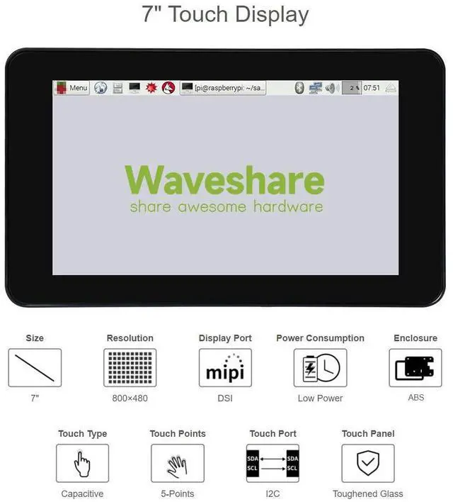 Alt view image 3 of 5 - Waveshare 7inch Capacitive Touch Display Compatible with Raspberry Pi 4B Comes with Protection Case 800×480 Resolution DSI Interface