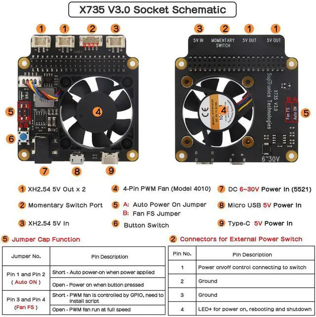 Alt view image 2 of 5 - Geekworm Raspberry Pi X735 V3.0 DC 6V-30V Width Voltage Input Power Management with Safe Shutdown & PMW Cooling Fan Expansion Board Compatible with Raspberry Pi 5/4B/3B+/3B