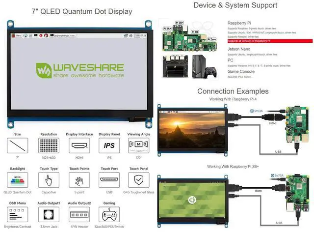 Alt view image 3 of 5 - Waveshare 7inch QLED Quantum Dot Display Capacitive Touch Screen 1024×600 G+G Toughened Glass Panel Support Raspberry Pi 5/4B/3B/Zero/Zero W/Zero 2W/Pico/Pico W/Pico WH, Jetson Nano/PC/Game Console