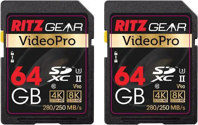 Main image of Ritz Gear Video Pro SD Card UHS-II 64GB SDXC Memory Card 2-Pack U3 V90 A1, Extreme Performance Professional (R 280mb/s 250mb/s W) for Advanced DSLR,Well-Suited for Video, Including 4K,8K, 3D, Full HD