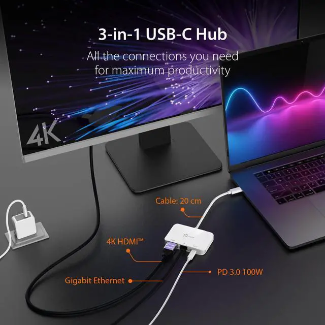 Alt view image 2 of 5 - j5create USB Type C to 4K HDMI and Gigabit Ethernet with PD 100W Pass-Through Charging, for MacBook Pro, MacBook Air, Chromebook, Surface Pro, iPad Pro or USB-C Laptop (JCA351)