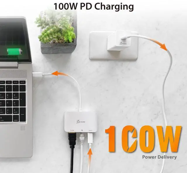 Alt view image 4 of 5 - j5create USB Type C to 4K HDMI and Gigabit Ethernet with PD 100W Pass-Through Charging, for MacBook Pro, MacBook Air, Chromebook, Surface Pro, iPad Pro or USB-C Laptop (JCA351)