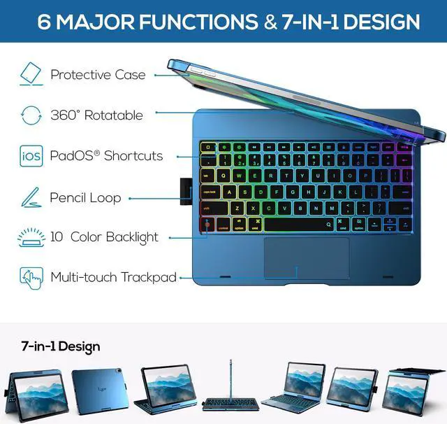 Alt view image 3 of 5 - typecase Touch Keyboard Case with Trackpad for iPad Air 11-inch (M3 2025 / M2 2024): 360°Rotatable - 11 Colors Backlight - Wireless Keyboard with Pencil Holder for iPad Air 5th & 4th Gen,Pacific Blue