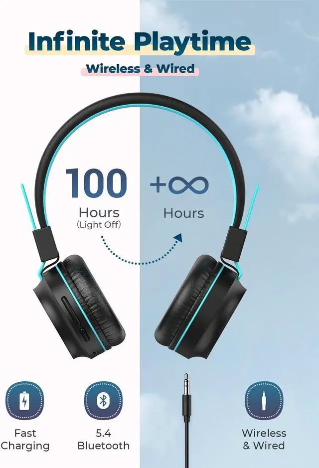Alt view image 5 of 5 - iClever BTH03 Kids Bluetooth Headphones, Colorful LED Lights, 35H Playtime, Bluetooth 5.4,Type C Fast Charging, Safe Volume, Stereo Sound Mic,On Ear Kids Wireless Headphones for iPad Airplane (Black)
