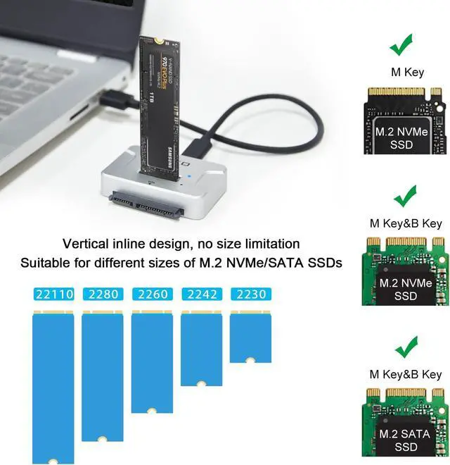 Alt view image 3 of 5 - M.2 SATA/NVMe to USB Docking Station,Hard Drive Reader Adapter, External M.2 SSD Enclosure for M.2 PCIe NVMe and SATA SSDs, Compatible with SATA III HDD/SSD (M.2 Dock or SATA Adapter)