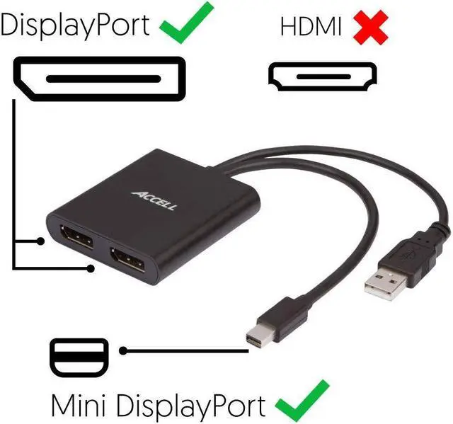 Alt view image 5 of 5 - Accell mDP-2DP Multi Monitor Splitter - Mini DisplayPort 1.2 Multi-Stream Transport (MST) Hub - 1x Mini DisplayPort connector, 2x DisplayPort outputs,Black