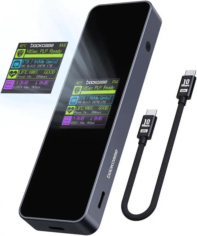 Main image of DOCKCASE Visual Smart M.2 NVMe SSD Enclosure,Support 10s PLP Prevents Write Data Loss,USB 3.2 Gen 2 Type-C (10 Gbps), fits NVMe PCIe Size 2230/2242/2260/2280,Support M-Key B+M Key UASP (PLP-10S)
