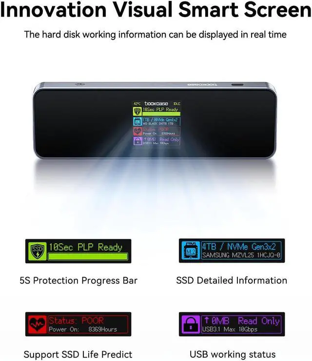 Alt view image 2 of 5 - DOCKCASE Visual Smart M.2 NVMe SSD Enclosure,Support 10s PLP Prevents Write Data Loss,USB 3.2 Gen 2 Type-C (10 Gbps), fits NVMe PCIe Size 2230/2242/2260/2280,Support M-Key B+M Key UASP (PLP-10S)