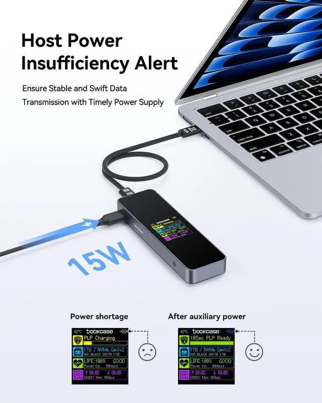Alt view image 4 of 5 - DOCKCASE Visual Smart M.2 NVMe SSD Enclosure,Support 10s PLP Prevents Write Data Loss,USB 3.2 Gen 2 Type-C (10 Gbps), fits NVMe PCIe Size 2230/2242/2260/2280,Support M-Key B+M Key UASP (PLP-10S)