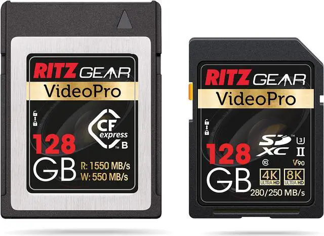 Main image of Ritz Gear CFExpress Type B 128GB Card (1550/550 R/W), Compatible with Nikon, Panasonic & Canon DSLR Cameras. (Few Cameras Need a firmware Update for Compatible W CFExpress)+ Video Pro V90 SD Card