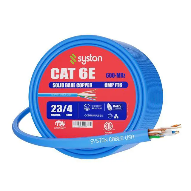 Alt view image 2 of 5 - Syston Cable Technology Cat 6E Ethernet Network Cable - 250 FT600MHz 23AWG Solid Bare Copper Wire Outdoor/Indoor, Bulk No Ends 10 Ft to 1000 Ft Available, Heat Resistant Plenum Rated - CMP