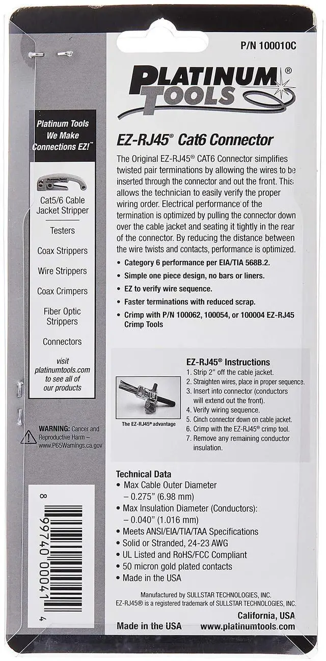Alt view image 2 of 3 - Platinum Tools 100010C EZ-RJ45 Cat 6+ Connectors, Clamshell, 50-Pieces, RED