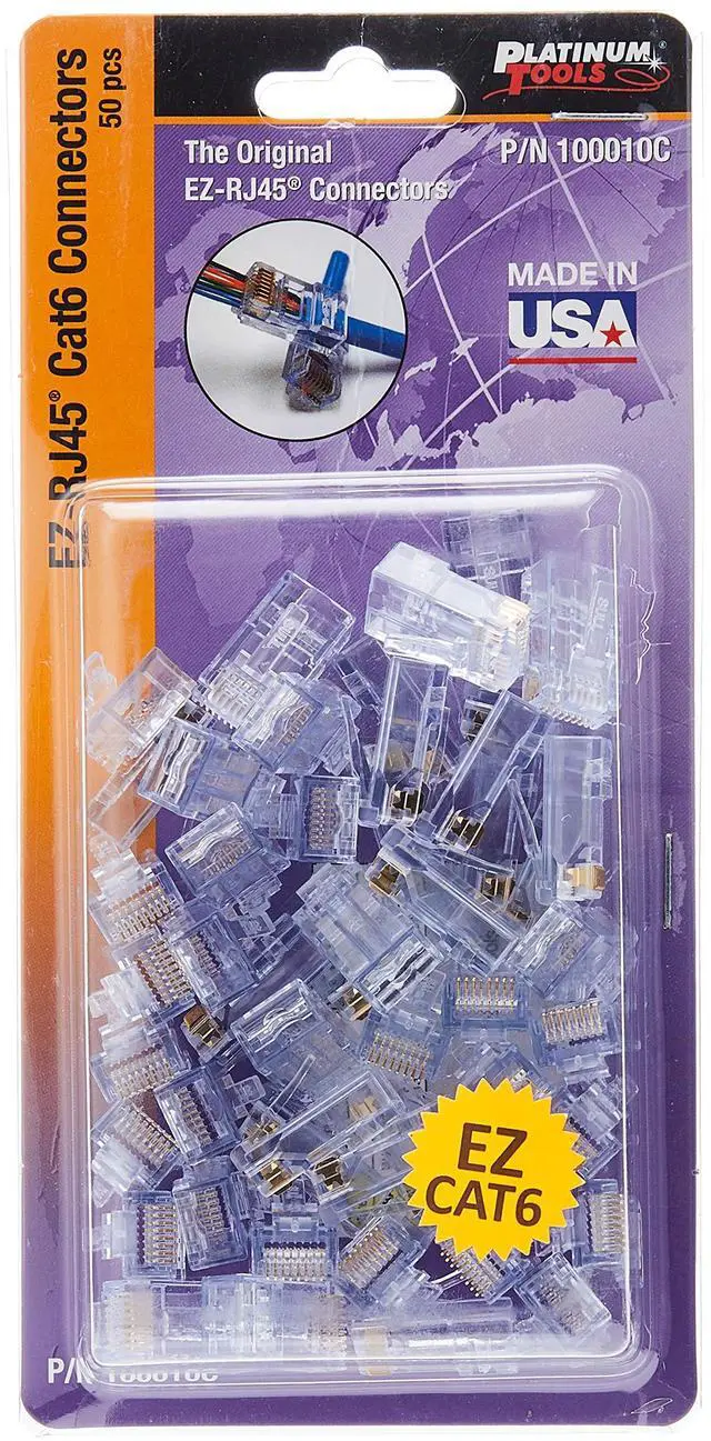 Main image of Platinum Tools 100010C EZ-RJ45 Cat 6+ Connectors, Clamshell, 50-Pieces, RED
