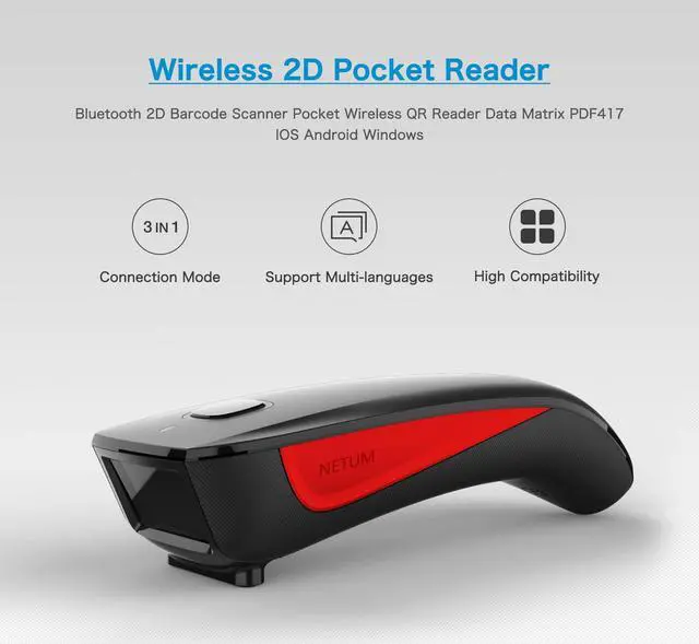 Alt view image 2 of 5 - NETUM Bluetooth Mini 2D Barcode Scanner, 3-in-1 Pocket Automatic Wireless QR Bar Code Scanning Work with Windows, Android, iOS, Tablets or Computers - C990