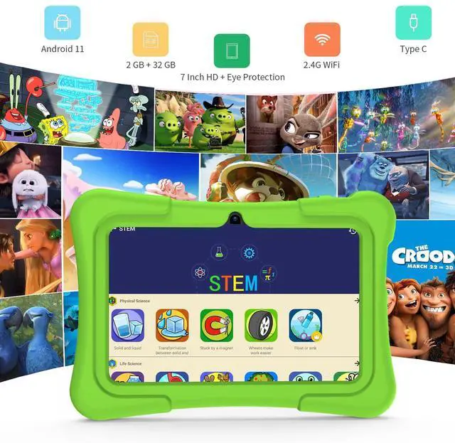 Alt view image 2 of 5 - PRITOM Tablet for Kids, 7 inch Kids Tablets with WiFi, 32GB, Bluetooth, Camera, Parental Control, Pre-Installed APPs, Fre-e Games, Learning Educational Toddler Tablet with Case, Green