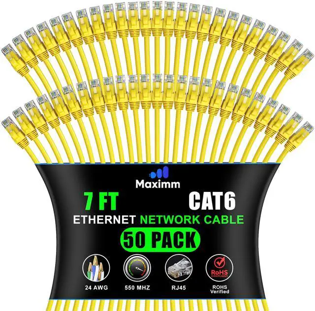 Main image of Maximm Cat 6 Ethernet Cable - 7 ft (50-Pack) - High-Speed LAN, Internet, Patch, and Network Cable - UTP, 10Gbps, 550MHz Ethernet Cord - Yellow