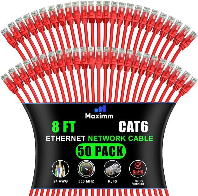 Main image of Maximm Cat 6 Ethernet Cable - 8 ft (50-Pack) - High-Speed LAN, Internet, Patch, and Network Cable - UTP, 10Gbps, 550MHz Ethernet Cord - Red