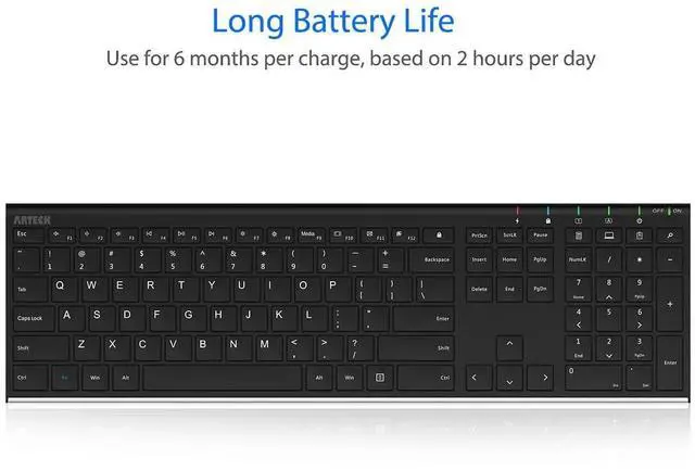 Alt view image 5 of 5 - Arteck 2.4G Wireless Keyboard Stainless Steel Ultra Slim Full Size Keyboard with Numeric Keypad for Computer/Desktop/PC/Laptop/Surface/Smart TV and Windows 10/8/ 7 Built in Rechargeable Battery
