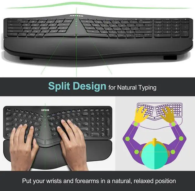 Alt view image 2 of 5 - Arteck Split Ergonomic Keyboard with Cushioned Wrist and Palm Rest, 2.4G USB Wireless Comfortable Natural Ergonomic Split Keyboard, for Windows Computer Desktop Laptop