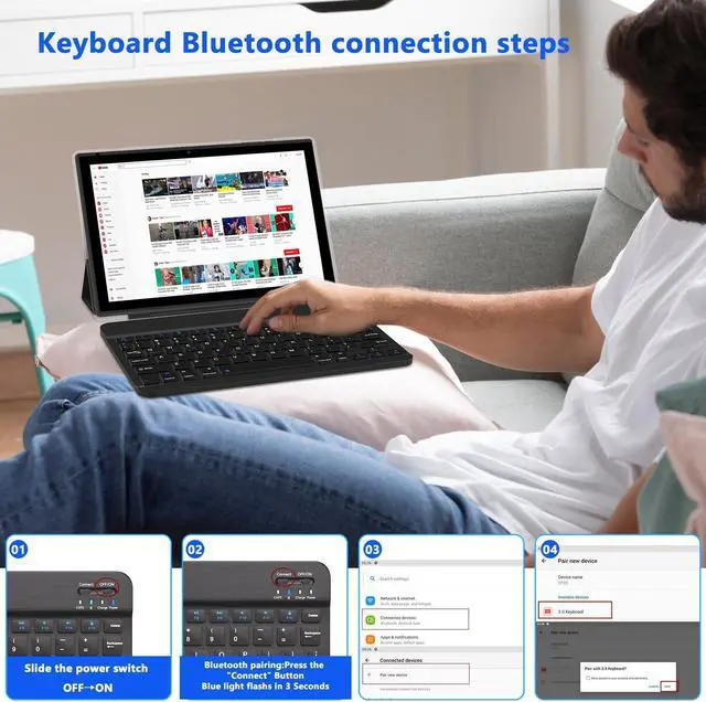 Alt view image 3 of 5 - 10 inch Android 14 Tablet with Keyboard, 2 in 1 Tablets Set Include Case Mouse Stylus, 8GB RAM+64GB ROM, Quad Core 10.1'' Tab, 6000mAh Battery, 8MP Dual Camera, Google GMS Certification Tableta