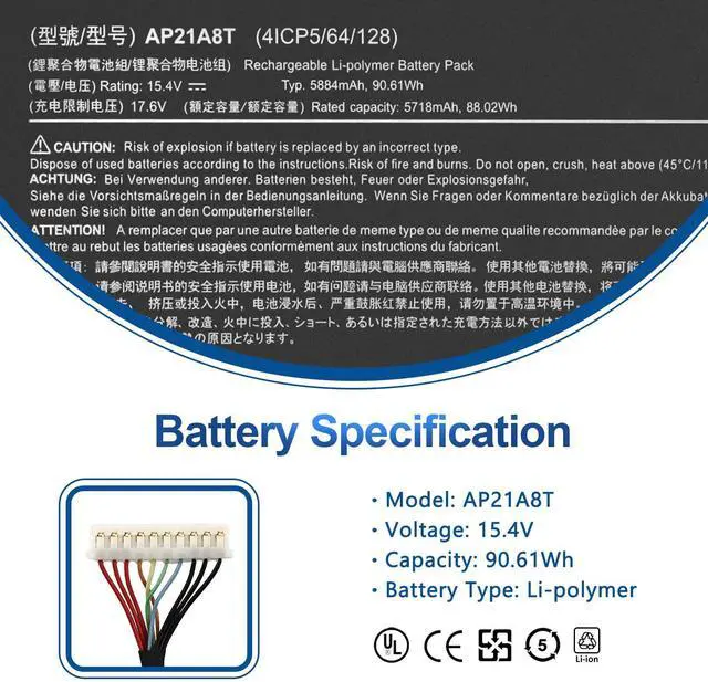 Alt view image 2 of 5 - AP21A8T Laptop Battery for Acer Predator Helios 300 PH317-56-78LY PH317-56-78SM PH315-55-72EA PH315-55-770K PH315-55-965Z PH315-55-78L7 PH315-55-796N Nitro 5 AN517-55-78KU 713K Series AP21A5T AP21A7T