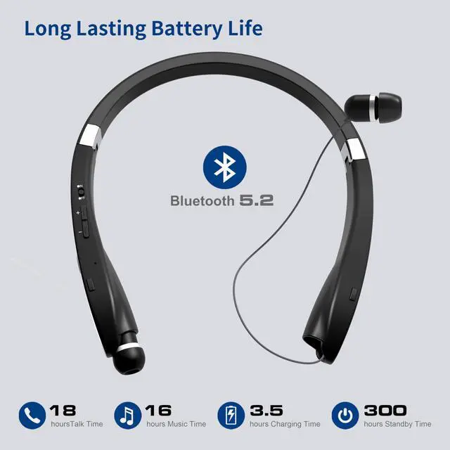 Alt view image 3 of 5 - Bluetooth Neckband Headphones, Dpvisn Foldable Wireless Lightweight Neck Headset with Retractable Earbuds, Noise Cancelling Sweatproof Stereo Earphones with Mic & Carrying Case (Black)